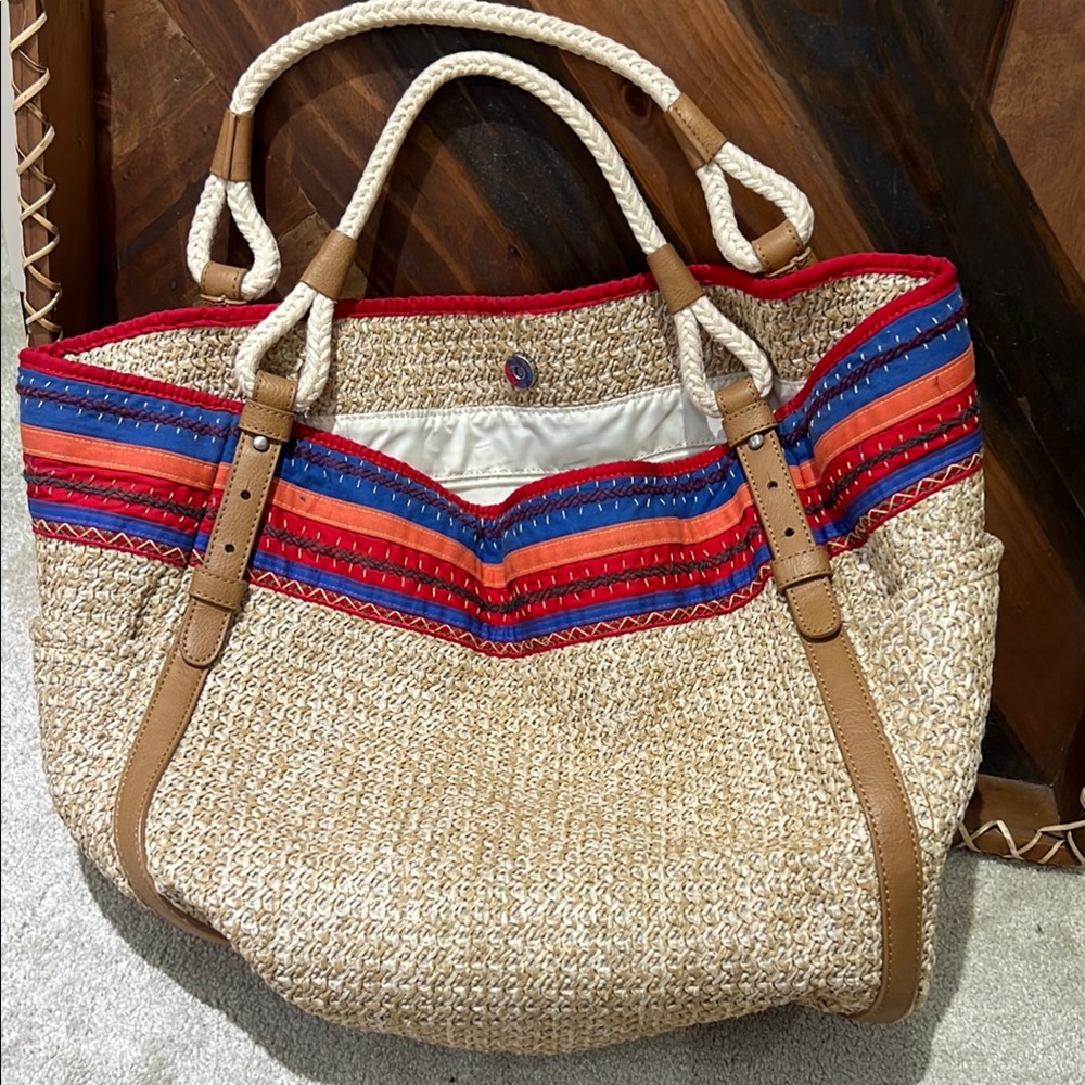 GAP Tan and Red Tote Bag with Faux Leather Accents